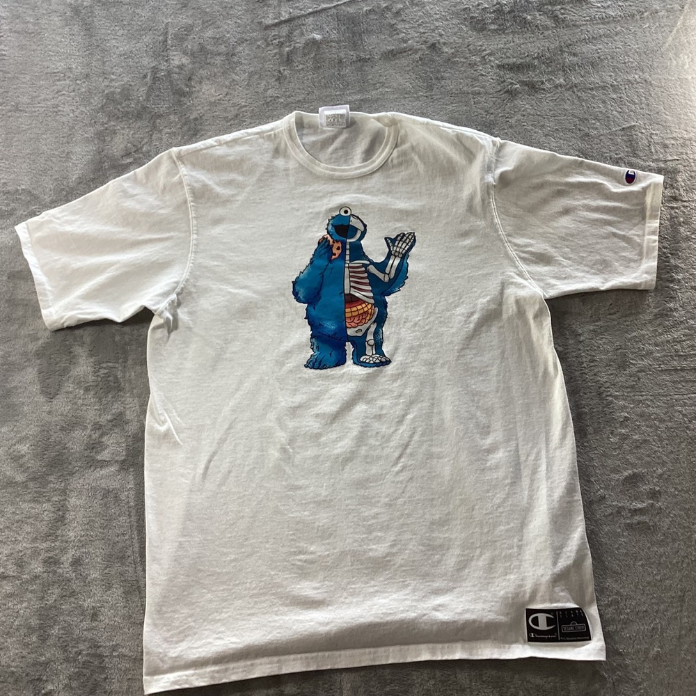 Champion Sesame Street T Shirt Mens XL White Cookie Monster Skeleton